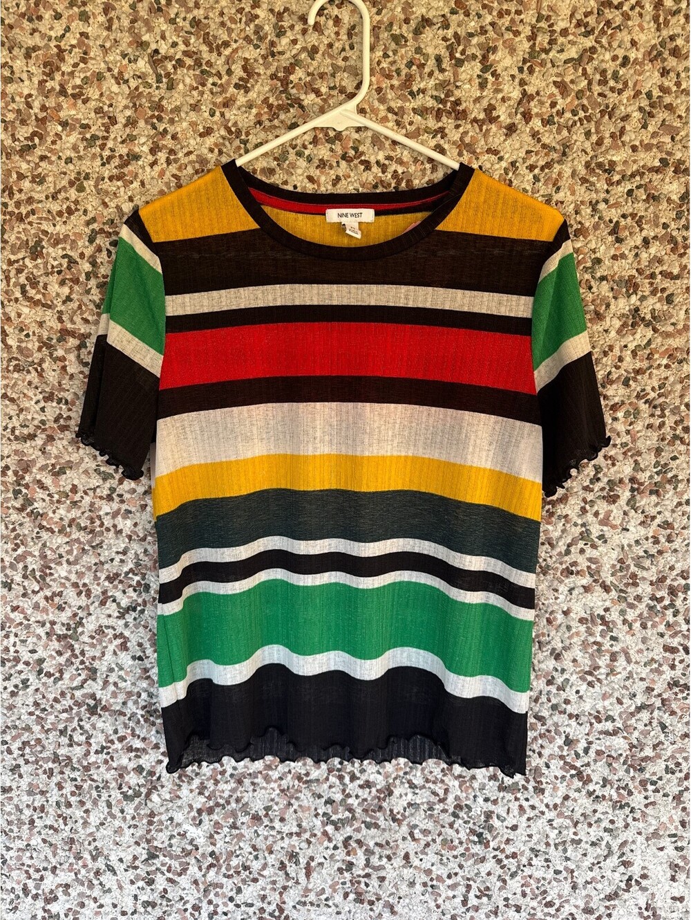 Nine West Womens M Striped Ribbed Knit Top Lettuce Edge Short Sleeve Multicolor